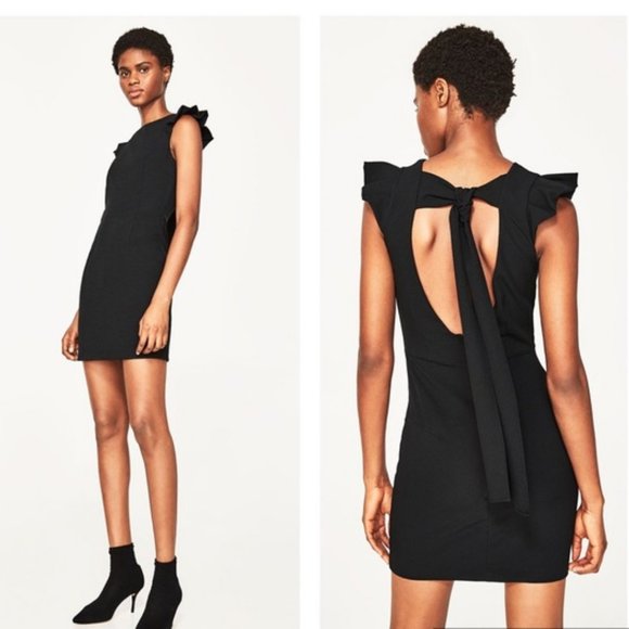 Zara Ruffle Cap Sleeve Open Back with Bow Dress - Sz L - Picture 1 of 6